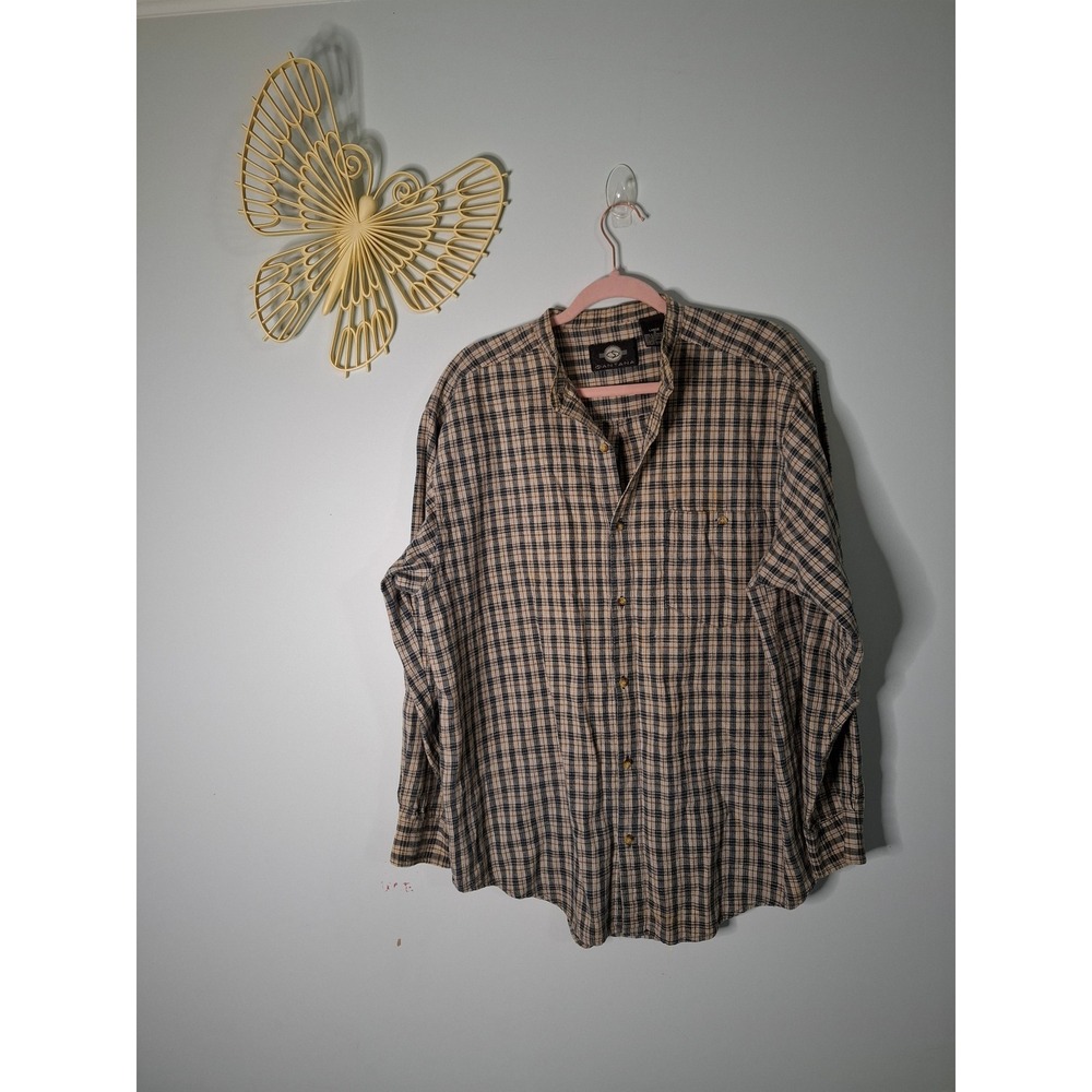 VNTG Santana Mens L Linen Cotton Plaid Long Sleeve Band Collar Button Down Shirt